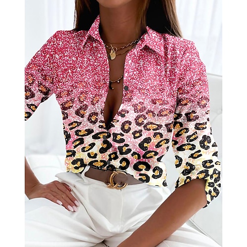 

Mulheres Camisa Social Blusa Rosa Azul Roxo Leopardo Botão Imprimir Manga Longa Casual Básico Colarinho de Camisa Padrão S