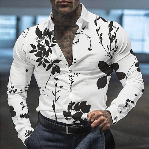 

Homens Camisa Social Floral Estampas Abstratas Folhas Aberto para a Lateral Branco Marron Ao ar livre Rua Manga Longa Imprimir Roupa Moda Roupa de rua Designer Casual