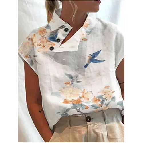 

Mulheres Camisa Social Blusa Branco Vermelho Azul Floral Botão Imprimir Manga Curta Casual Feriado Básico Colarinho Clerical Padrão Tema Flores S