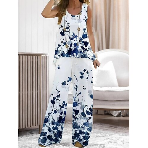 

Dame Plusstørrelser Loungewear Sæt Blomst Blade Afslappet Komfort pastorale stil Hjem Daglig Ferierejse Polyester Åndbart Rund hals Uden ærmer Tanktop Bukse Sommer Forår Sort Hvid