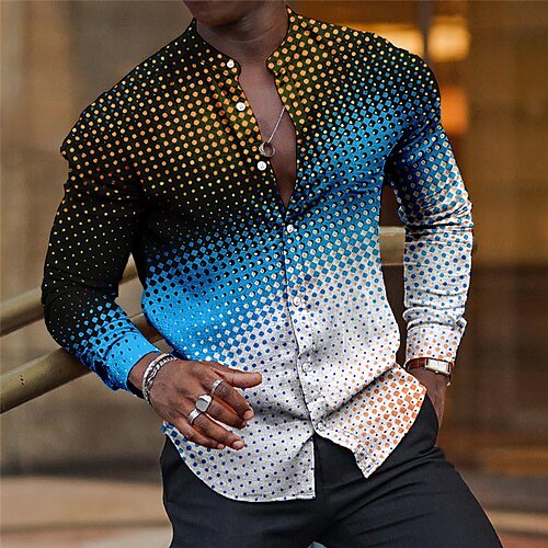 

Men's Shirt Linen Shirt Gradient Graphic Prints Geometry Stand Collar Yellow Red Royal Blue Blue Green Outdoor Street Long Sleeve Print Clothing Apparel Linen Fashion Streetwear Designer Casual
