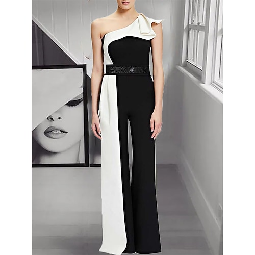 

Women's Jumpsuit Ruffle High Waist Color Block One Shoulder Streetwear Office Work Regular Fit Sleeveless Black S M L Summer