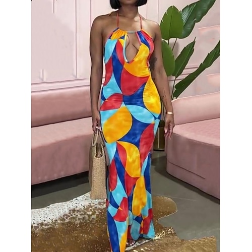 

Dame Lang kjole Maxikjole Sommerkjole Halter Neck kjole Print kjole Fargeblokk Moden Sexy kjole Ferie Stevnemøte Feriereise Åpen rygg Trykt mønster Ermeløs Grime Kjole Normal Gul Sommer Vår S M L