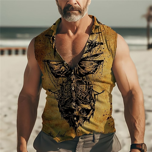 

Men's Shirt Linen Shirt Graphic Prints Vintage Sailboat Turndown Yellow Outdoor Street Sleeveless Print Clothing Apparel Linen Fashion Streetwear Designer Casual