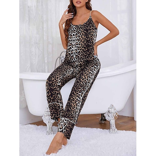 

Dame Pyjamas Pyjamas topp og bukse Sett Leopard Mote Fritid Myk Hjem Daglig Seng Rayon Pustende stropper Ermeløs Stropp Topp Bukse Sommer Vår Brun