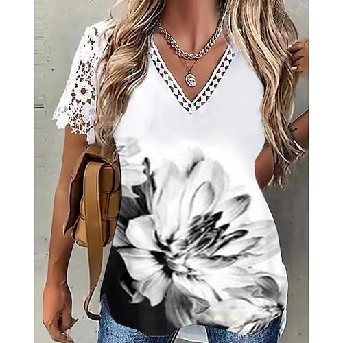 

Mulheres Camisa Social Blusa Branco Rosa Vermelho Floral Renda Imprimir Manga Curta Casual Feriado Básico Decote V Padrão Tema Flores S