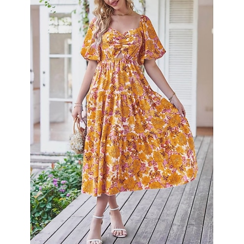 

Per donna Vestito casual Abito linea A Abito estivo Floreale Increspato Tagliato A V Vestito longuette Attivo Di tendenza Giornaliero Per eventi Manica corta Standard Rosa chiaro Nero Giallo Estate