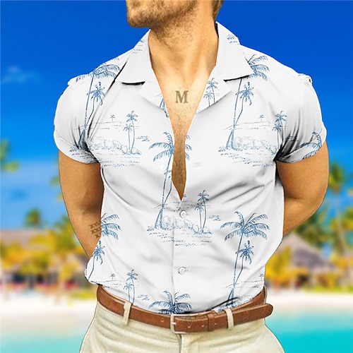 

Homme Chemise Chemise hawaïenne Cocotier Imprimés Photos Collier cubain Bleu Vert Extérieur Casual Manche Courte Imprimer Vêtement Tenue Sportif Mode Vêtement de rue Design