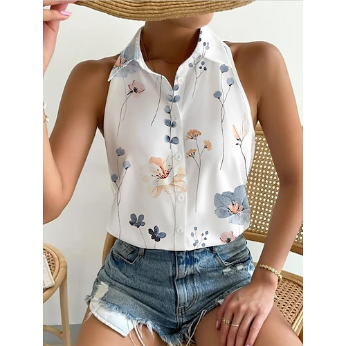 

Women's Tank Top White Blue Dusty Blue Floral Tie Dye Print Sleeveless Casual Basic V Neck Regular Floral S