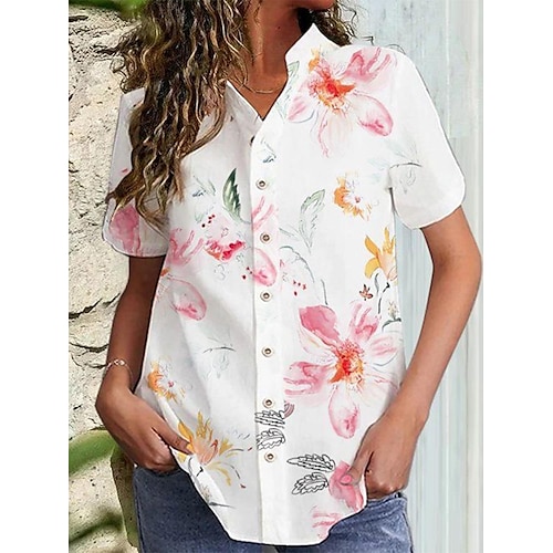 

Chemise Chemisier Femme Blanche Floral Bouton Imprimer Manche Courte Casual Vacances basique Col Mao Normal Standard Fleur S