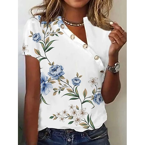 

Damen T Shirt Weiß Blau Purpur Blumen Taste Ausgeschnitten Kurzarm Festtage Wochenende Basic V Ausschnitt Standard Blume Farbe S