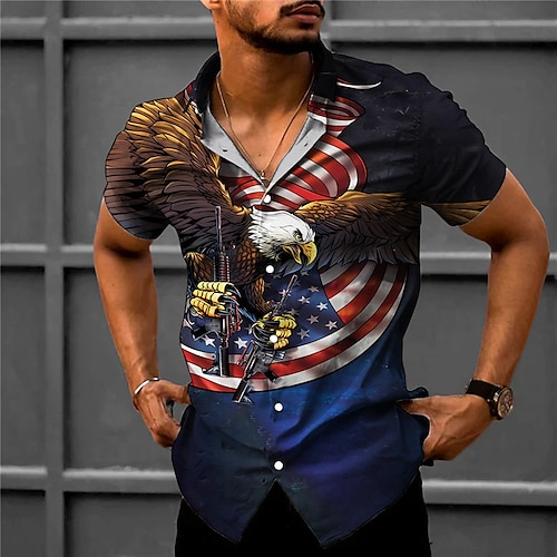 

Hombre Camisa Estampados Águila Bandera estadounidense Cuello Vuelto Azul Marino Azul Piscina Exterior Calle Mangas cortas Estampado Ropa Moda Ropa de calle Design Suave