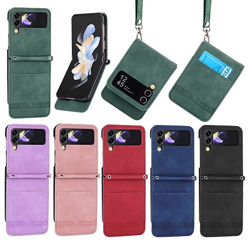 

teléfono Funda Para Samsung galaxia Funda Trasera Z Flip 4 Z Flip 3 Dar la vuelta con correa de muñeca Ranuras para tarjetas Color sólido ordenador personal Cuero de PU