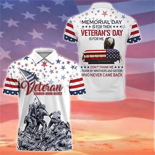 

Herre Button Up Poloer POLO Trøje Golftrøje Bogstaver Amerikansk flag Soldat Veteraner Aftæpning Sort Hvid Marineblå Blå Grå udendørs Gade Kort Ærme Trykt mønster Tøj Sport Mode Gade Designer