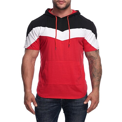 

Herre T-shirt Tee Top Farveblok Hætte Gade Ferierejse Kort Ærme Frontlomme Tøj Mode Designer Basale