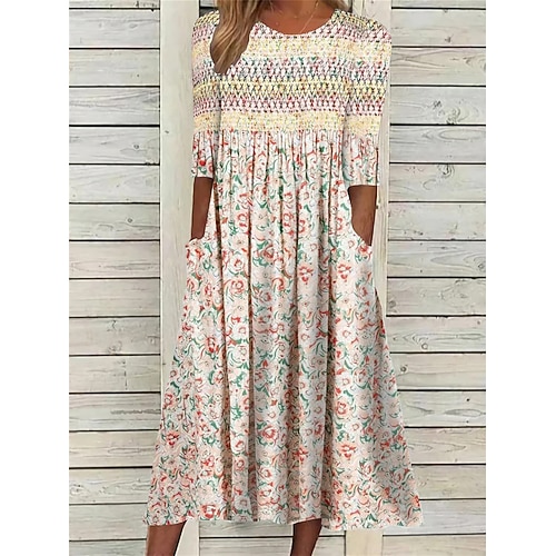 

Dame Uformell kjole Floral kjole Sommerkjole Blomstret Rynket Lomme Crew-hals Midikjole Mote Gatemote Daglig Feriereise Kortermet Normal Aprikos Sommer Vår S M L XL XXL