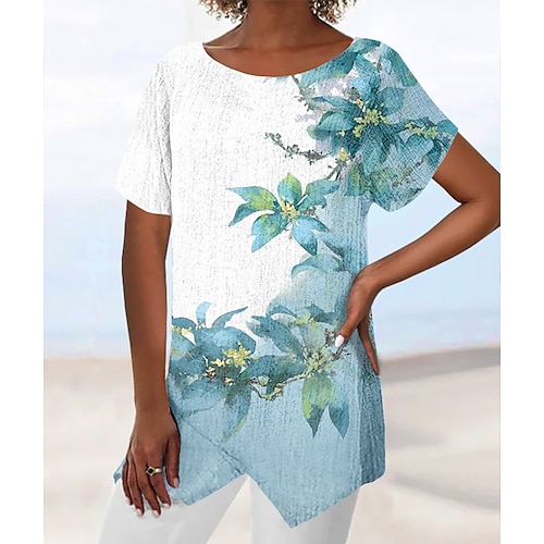 

Mujer Camisa Blusa Azul Piscina Verde Trébol Caqui Floral Asimétrico Estampado Manga Corta Casual Festivos Básico Escote Redondo Largo Flor S