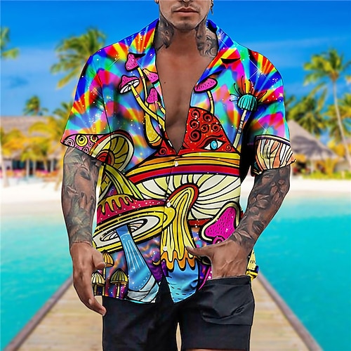 

Homens Camisa Social Camisa havaiana Estampas Abstratas Cogumelo colar cubano Amarelo Roxo Ao ar livre Casual Manga Curta Imprimir Roupa Esportes Moda Roupa de rua Designer