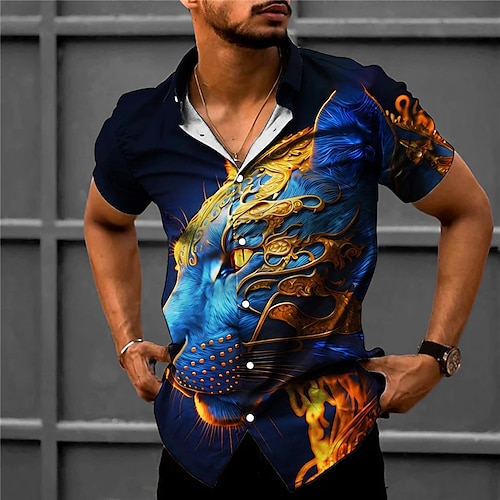 

Hombre Camisa Animal Estampados Cuello Vuelto Negro Amarillo Azul Real Azul Piscina Gris Exterior Calle Mangas cortas Estampado Ropa Moda Ropa de calle Design Suave