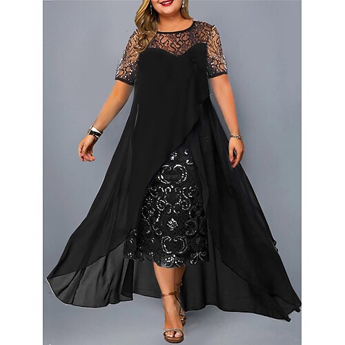 

Dame Plusstørrelser Festkjole Blonde kjole Swing Kjole Helfarve Lang kjole Maxikjole Kortærmet Blonder Patchwork Rund hals Mode Fest Sort Sommer Forår L XL XXL 3XL 4XL