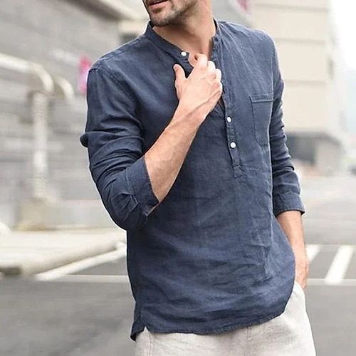 

Per uomo camicia di lino Camicia Henley Camicia estiva Maglietta informale Bianco Blu scuro Manica lunga Liscio Colletto Primavera estate Informale Giornaliero Abbigliamento