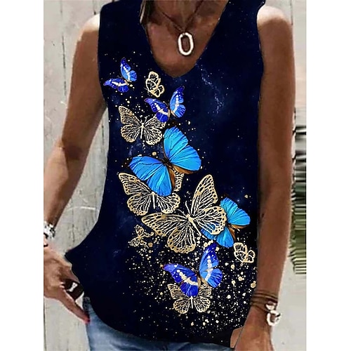 

Mujer Camiseta sin mangas Plata Negro Azul Piscina Mariposa Corazón Estampado Sin Mangas Casual Básico Escote en Pico Regular Mariposa S