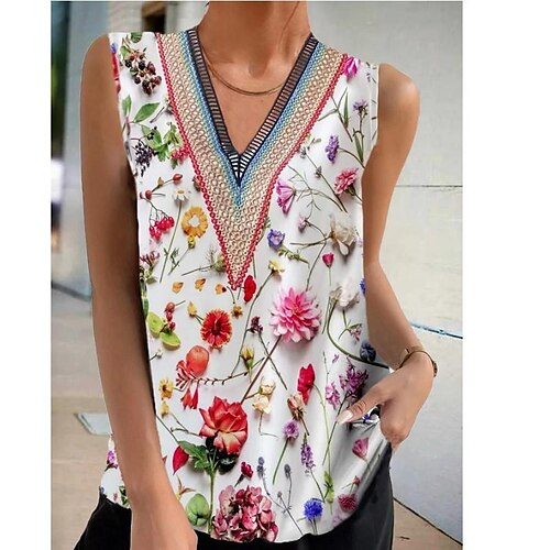 

Damen Tank Top Weiß Blumen Spitzenbesatz Bedruckt Ärmellos Casual Basic V Ausschnitt Standard Blume S