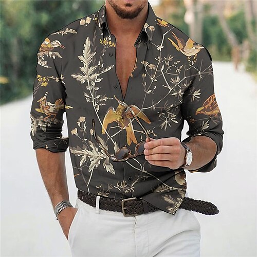 

Hombre Camisa Pájaro Estampados Hojas Cuello Vuelto Verde Trébol Gris Exterior Calle Manga Larga Estampado Ropa Moda Ropa de calle Design Casual