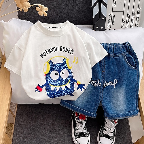 

2 pezzi Bambino (1-4 anni) Da ragazzo T-shirt e pantaloncini Vestito Cartoni animati Alfabetico Manica corta Impostare Esterno Fantastico Giornaliero Estate Primavera 3-7 anni Bianco Blu