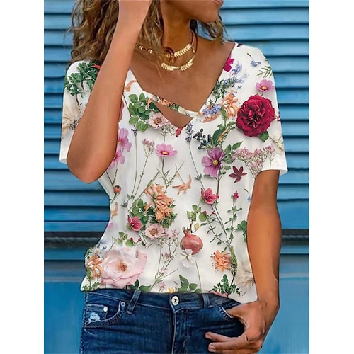 

Mulheres Camiseta Arco-íris Floral Imprimir Manga Curta Feriado Final de semana Básico Decote V Padrão Tema Flores Pintura S