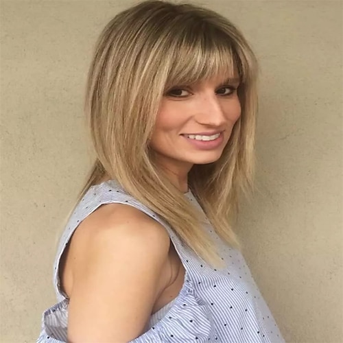

lagdelt lang ombre blond bob parykk med smell blandet blonde highlight parykker for kvinner varme syntetisk parykk med naturlig utseende