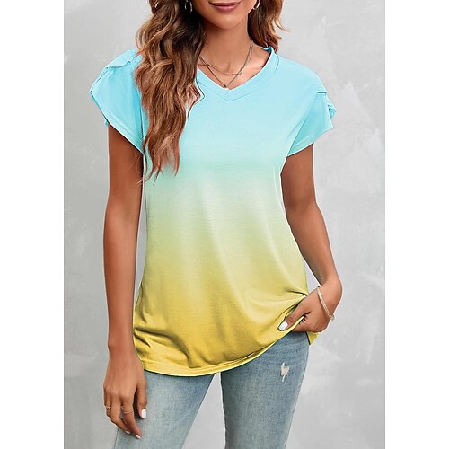 

T shirt Tee Femme Rose Claire Vin Bleu Dégradé de Couleur Imprimer Manche Courte du quotidien Fin de semaine basique Col V Normal Standard Peinture S