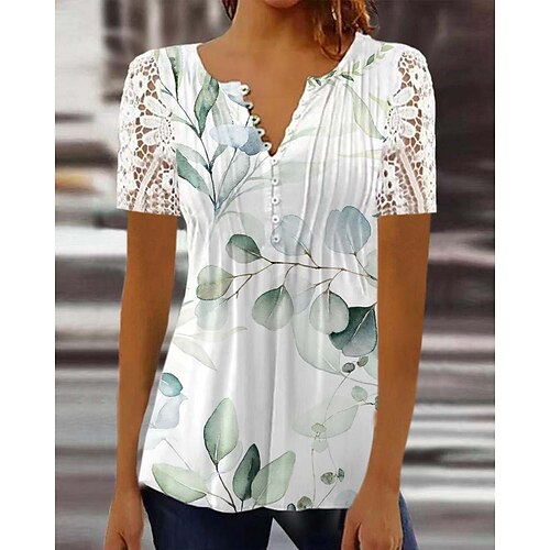 

Mujer Camisa Blusa Azul Piscina Verde Trébol Floral Encaje Botón Manga Corta Casual Festivos Básico Escote Redondo Regular Flor S