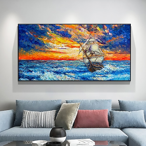 

Handgefertigtes Ölgemälde auf Leinwand, Wandkunst, Dekoration, originales nautisches Segelboot-Gemälde, abstrakte Meereslandschaft, Gemälde für Wohnkultur mit gestrecktem Rahmen/ohne