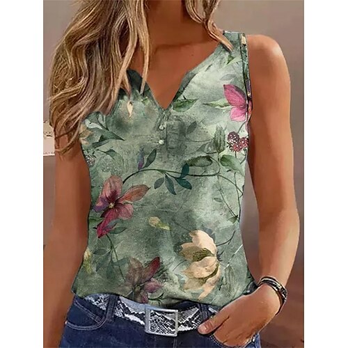 

Mujer Camiseta sin mangas Verde Trébol Floral Estampado Sin Mangas Casual Festivos Básico Escote en Pico Regular Flor S