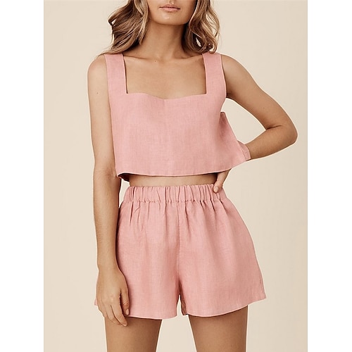 

Dame Loungewear Sæt Ren farve Basale Afslappet Komfort Hjem Daglig Ferierejse Hør Åndbart Firkantet hals Uden ærmer Tanktop Shorts Elastisk Talje Sommer Forår Sort Hvid