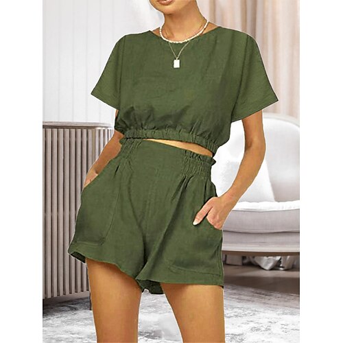 

Dame Loungewear Sæt Ren farve Mode Komfort Blødt Gade Ferierejse I-byen-tøj Bomuld Åndbart Rund hals Kortærmet Shorts Lomme Elastisk Talje Sommer Forår Sort Hvid