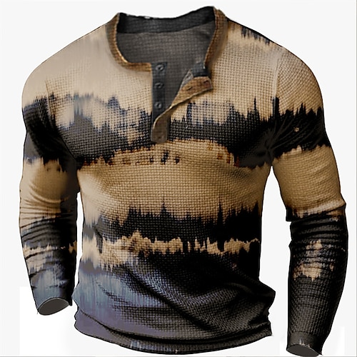 

Herre Vaffel Henley skjorte Grafisk Farveblok Henley Tøj 3D-udskrivning udendørs Daglig Langærmet Knap Mode Designer Basale