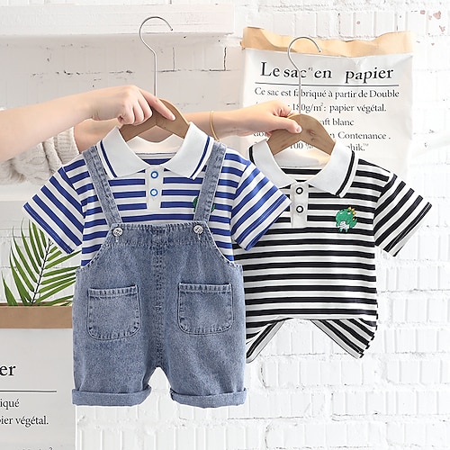 

2 deler Baby Gutt T-skjorter og shorts Antrekk Tegneserie Stripe Kortermet Sett utendørs Mote Daglig Sommer Vår 3-7 år Svart Blå