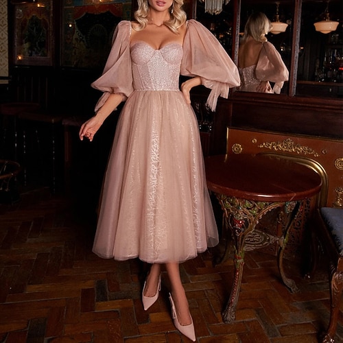 

Linea-A Abiti da cocktail Corsetto Vestito Ricevimento di matrimonio Lunghezza tè Manica lunga Squadrata Tulle Scollato sul retro con Lustrini 2023