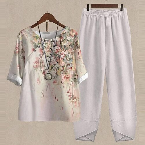 

Mujer Camisa Conjuntos de pantalones Pantalones Básico Beige Casual Diario Floral Estampado Escote Redondo S M L XL 2XL