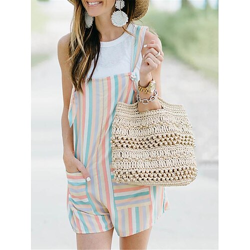 

Mujer Mono Bolsillo Estampado A Rayas Escote Cuadrado Ropa de calle Calle Diario Ajuste regular Sin Mangas Arco Iris S M L Verano