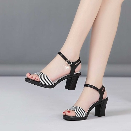 

Damen Sandalen Blockabsatz Sandalen Sandalen mit Knöchelriemen Party Täglich Sommer Stöckelschuh Blockabsatz Offene Spitze Elegant Brautkleider schlicht Mikrofaser Schnalle Gestreift Schwarz