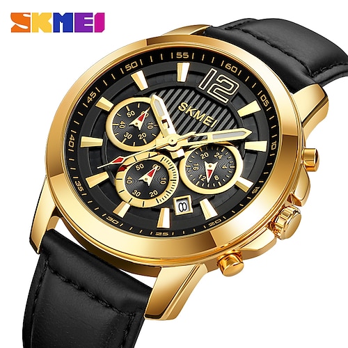 

SKMEI Men Quartz Watch Luxury Outdoor Fashion Casual Wristwatch Stopwatch Three Time Zones Calendar Chronograph Leather Watch