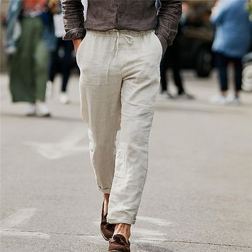 Men's Retro Linen Straight Suit Pants Casual High Waist Trousers Office Work