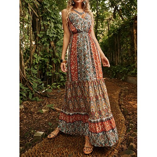

Dame Lang kjole Maxikjole Hverdagskjole Swing Kjole Sommerkjole Blomstret Tribal Mode Bohemisk Daglig Ferie Ferierejse Åben ryg Patchwork Uden ærmer Med stropper Kjole Regulær Orange Sommer Forår S M