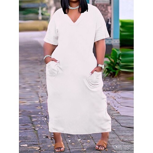 

Dame Store størrelser Uformell kjole Hvit kjole Helfarge Midikjole Kortermet Rynket Lomme V-hals Mote Daglig Svart Hvit Sommer Vår XL XXL 3XL 4XL