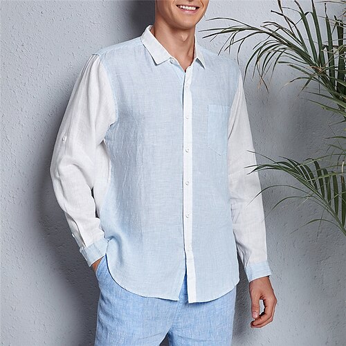 

Homens Camisa Social camisa de linho camisa de verão camisa de praia Azul Manga Longa Bloco de cor Lapela Primavera Verão Casual Diário Roupa Bolso frontal