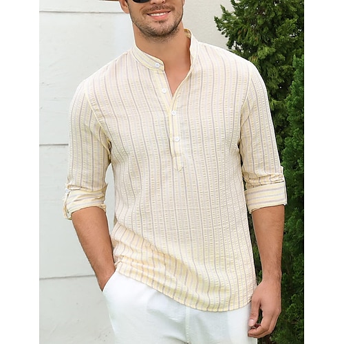 

Herren Hemd Lässiges Hemd Sommerhemd Strandhemd Beige Grau Langarm Streifen Henley Frühling Sommer Casual Täglich Bekleidung