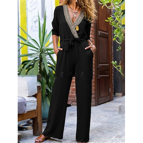 

Women's Jumpsuit Lace up Patchwork Color Block V Neck Business Office Work Regular Fit Long Sleeve Black Blue Green S M L Summer